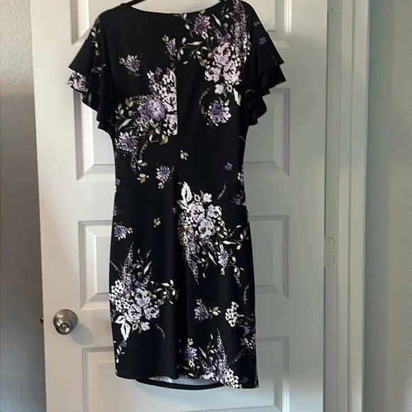 Lauren black dark floral cinched dress SZ 14 black wrap style ruffle career - Picture 7 of 14